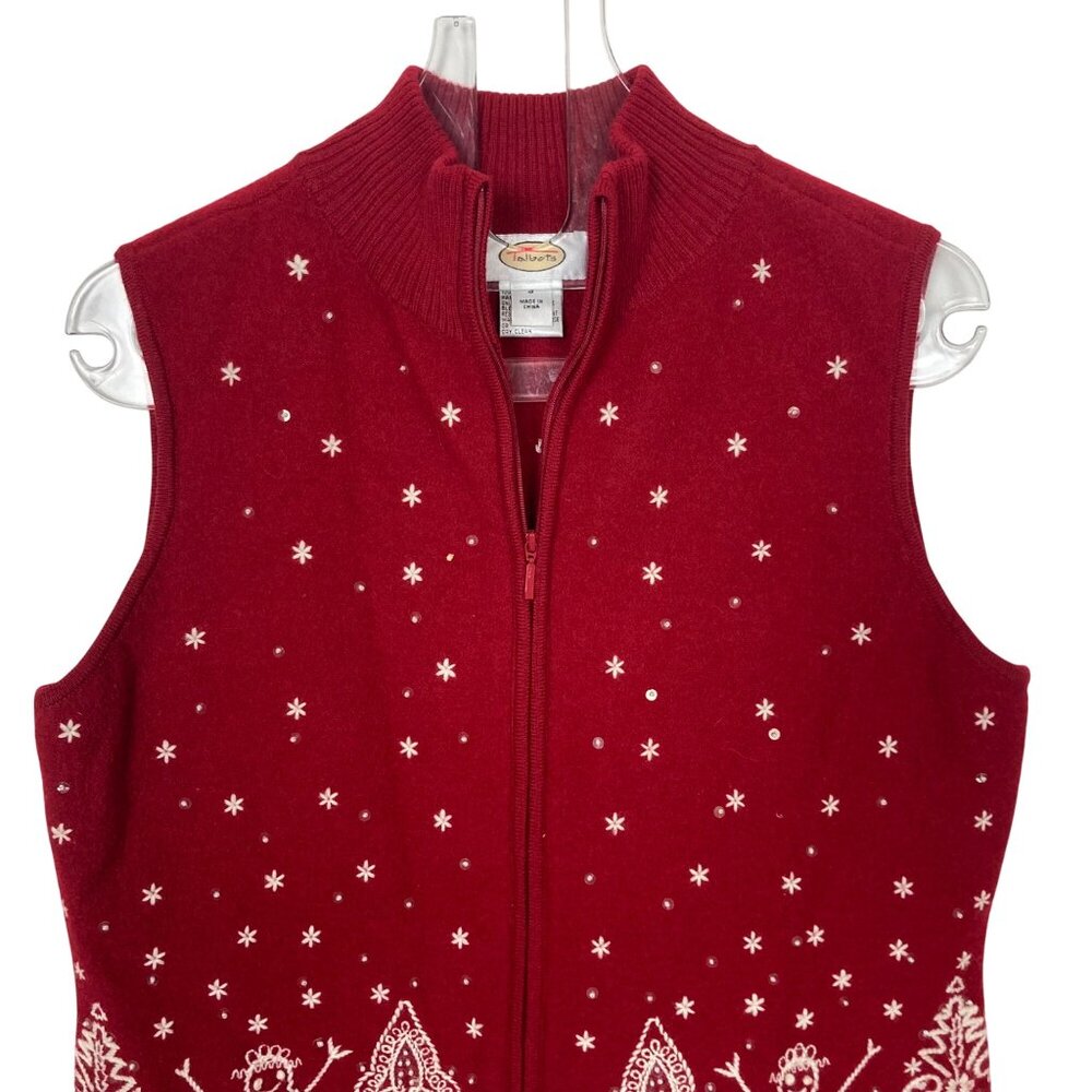 Talbots Red Wool Embroidered Holiday Vest Small Snowflake Snowman Full Zip XMas - Picture 3 of 6